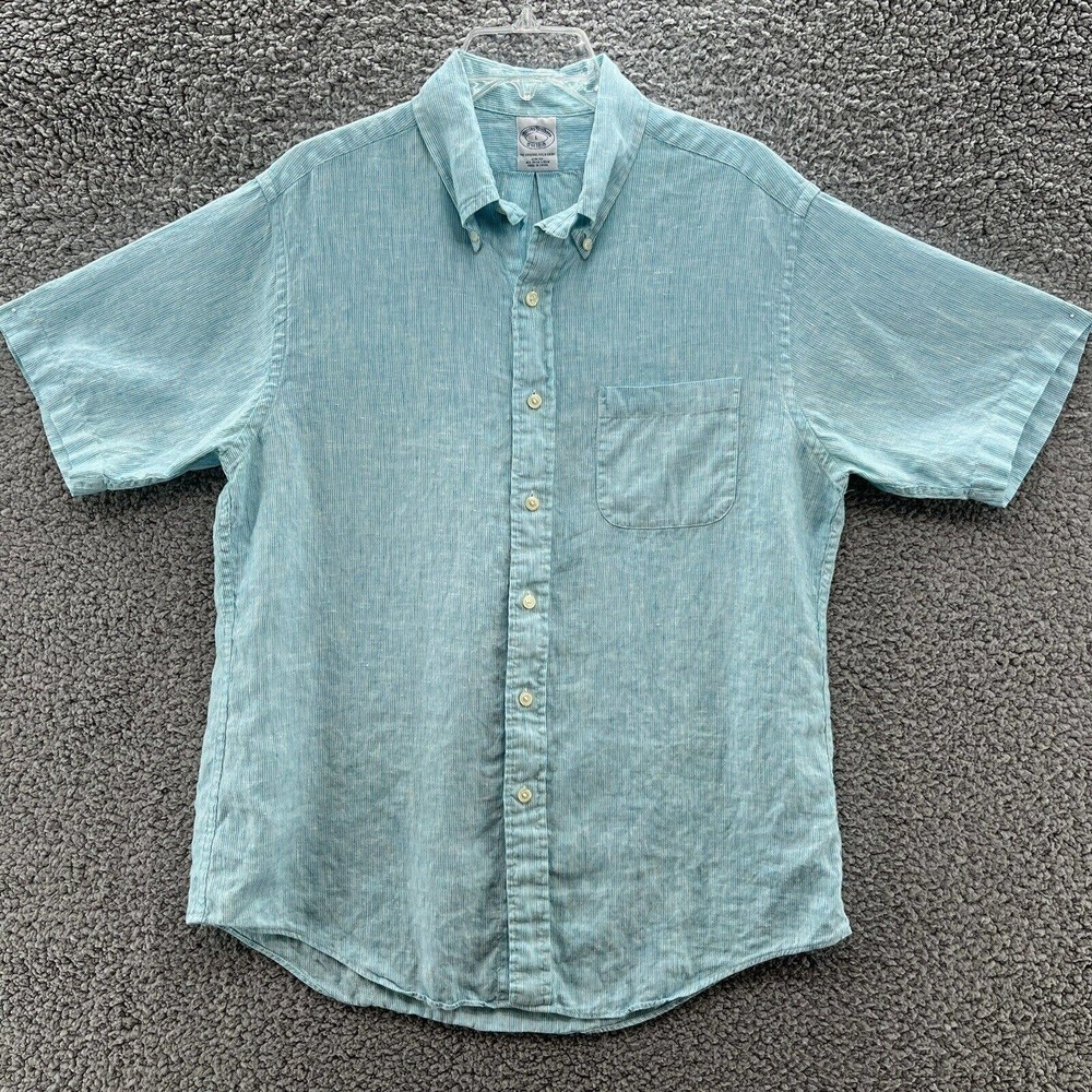 Brooks Brothers Shirt Aqua Blue 100% Irish Linen Short Sleeve Button Up Pocket